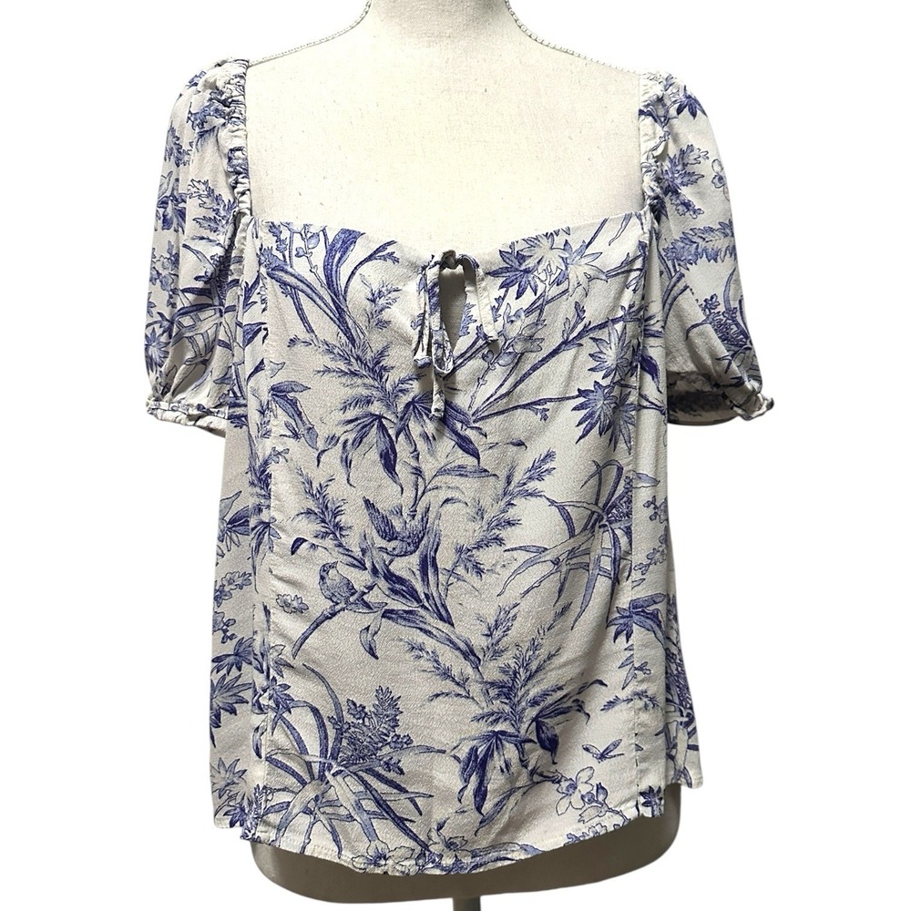 H&M Cream Blue Floral Toile Peasant Blouse Women XL Cottagecore Puff Sleeve